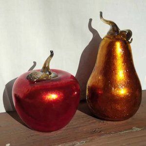 Hand Blown Art Glass Iridescent Red Apple Orange Pear Jesse Kelly Artist Signed